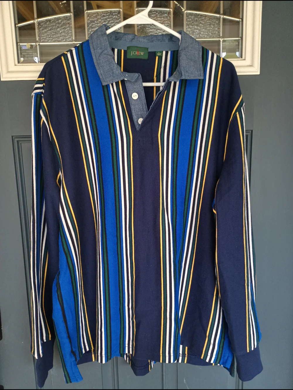 J.Crew Vintage 90s Stripe Rugby Polo w/denim collar L Preppy Retro Streetwear